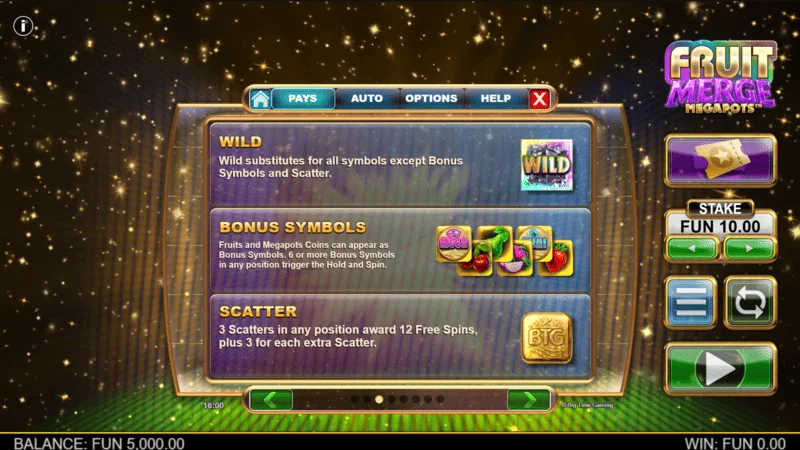 Fruit Merge Megapots - cuadrícula de símbolos y gemas